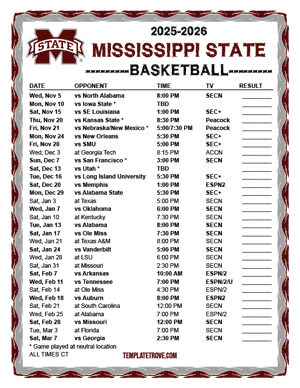 Mississippi State Bulldogs Basketball 2025-26 Printable Schedule - Central Times