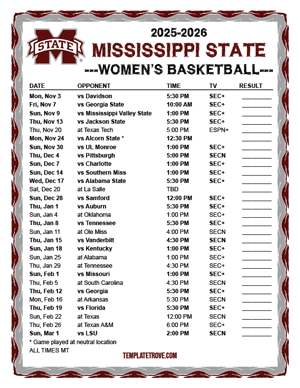 Mississippi State Bulldogs women's basketball 2025-26 Printable Schedule - Mountain Times