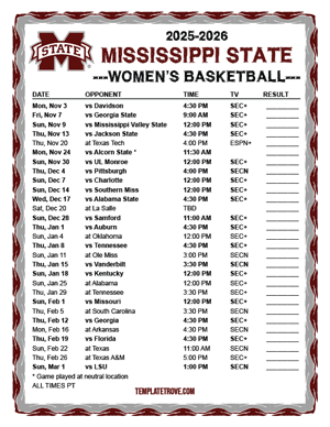 Mississippi State Bulldogs women's basketball 2025-26 Printable Schedule - Pacific Times