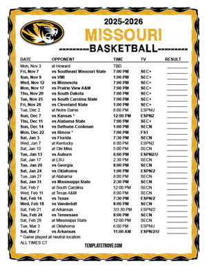 Missouri Tigers Basketball 2025-26 Printable Schedule - Central Times