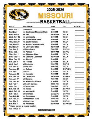 Missouri Tigers Basketball 2025-26 Printable Schedule - Mountain Times