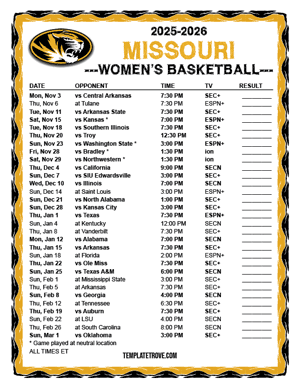 2024-25 Printable Missouri Tigers Women's Basketball Schedule