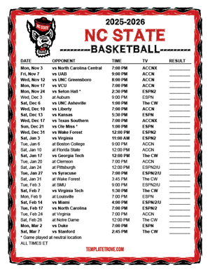 2024-25 Printable NC State Wolfpack Basketball Schedule