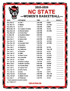 2025-26 Printable NC State Wolfpack Women's Basketball Schedule