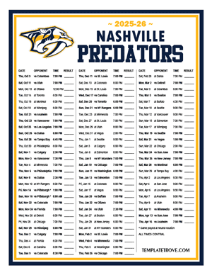 Nashville Predators 2025-26 Printable Schedule - Central Times