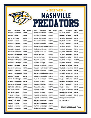Nashville Predators 2025-26 Printable Schedule - Pacific Times