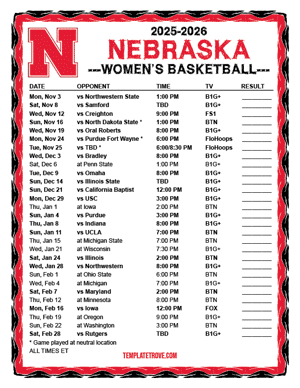 2024-25 Printable Nebraska Cornhuskers Women's Basketball Schedule