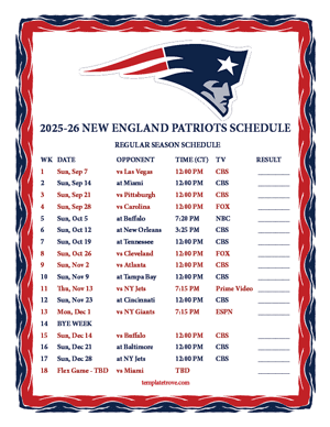 New England Patriots 2025-26
 Printable Schedule - Central Times