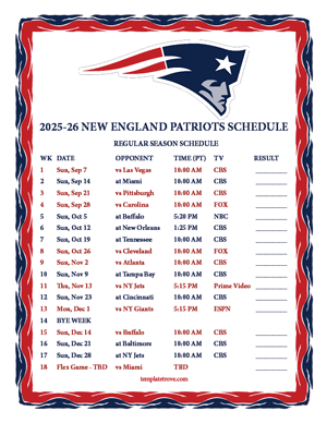 New England Patriots 2025-26
 Printable Schedule - Pacific Times