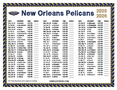 New Orleans Pelicans 2025-26 Printable Schedule - Mountain Times