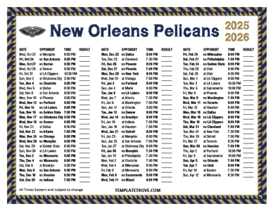New Orleans Pelicans 2025-26 Printable Schedule