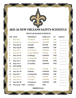 New Orleans Saints 2025-26
 Printable Schedule - Central Times