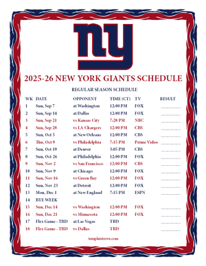 New York Giants 2025-26
 Printable Schedule - Central Times