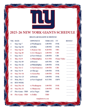 New York Giants 2025-26
 Printable Schedule