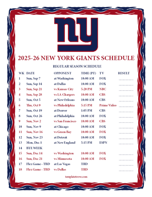 New York Giants 2025-26
 Printable Schedule - Pacific Times
