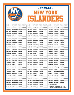 New York Islanders 2025-26 Printable Schedule - Pacific Times