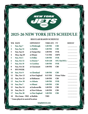 New York Jets 2025-26
 Printable Schedule