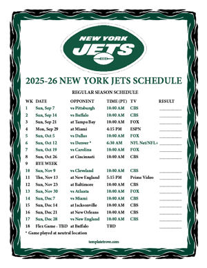 New York Jets 2025-26
 Printable Schedule - Pacific Times