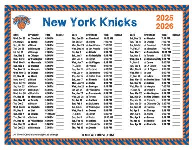 2025-26 Printable New York Knicks Schedule - Central Times