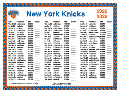 New York Knicks 2025-26 Printable Schedule - Mountain Times