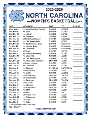 North Carolina Tarheels women's basketball 2025-26 Printable Schedule - Pacific Times