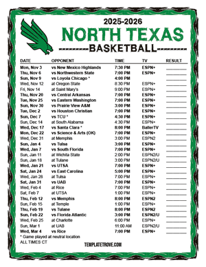 North Texas Mean Green Basketball 2025-26 Printable Schedule - Central Times