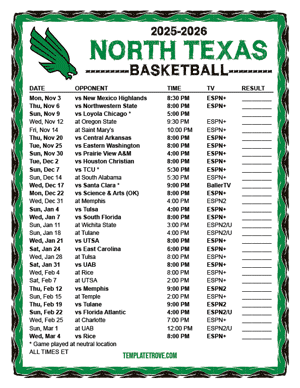 2024-25 Printable North Texas Mean Green Basketball Schedule