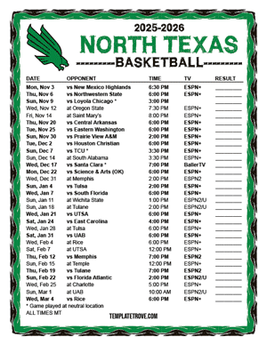 North Texas Mean Green Basketball 2025-26 Printable Schedule - Mountain Times
