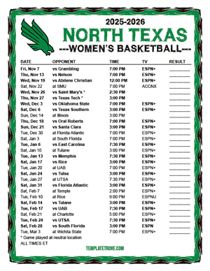 2024-25 Printable North Texas Mean Green Women's Basketball Schedule