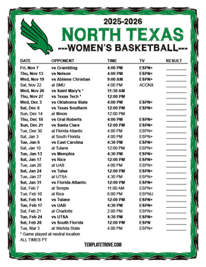 North Texas Mean Green women's basketball 2025-26 Printable Schedule - Pacific Times