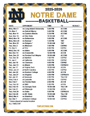 Notre Dame Fighting Irish Basketball 2025-26 Printable Schedule - Mountain Times