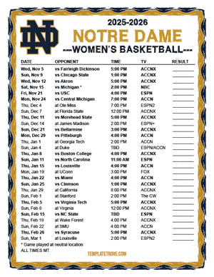 Notre Dame Fighting Irish women's basketball 2025-26 Printable Schedule - Mountain Times