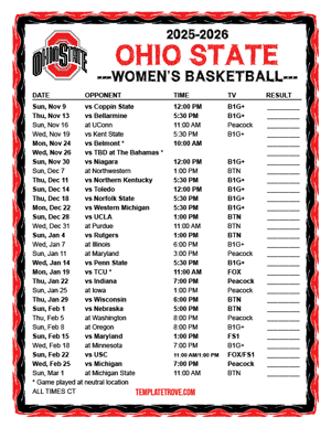 Ohio State Buckeyes Women's Basketball 2025-26 Printable Schedule - Central Times