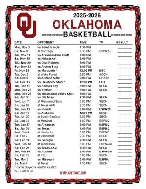 Oklahoma Sooners Basketball 2025-26 Printable Schedule - Central Times
