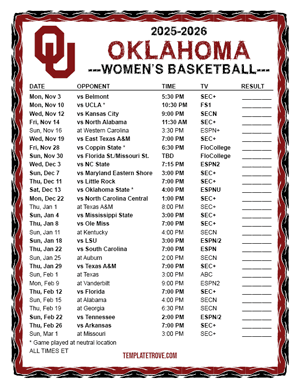 2024-25 Printable Oklahoma Sooners Women's Basketball Schedule