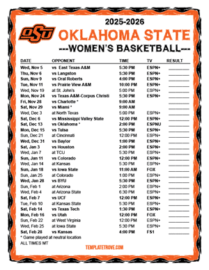 Oklahoma State Cowgirls Women's Basketball 2025-26 Printable Schedule - Mountain Times