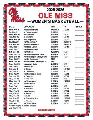 Ole Miss Rebels women's basketball 2025-26 Printable Schedule - Central Times
