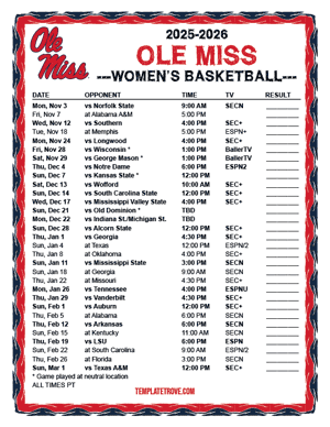 Ole Miss Rebels women's basketball 2025-26 Printable Schedule - Pacific Times