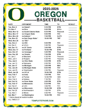 Oregon Ducks Basketball 2025-26 Printable Schedule - Central Times
