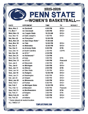Penn State Nittany Lions Women's Basketball 2025-26 Printable Schedule - Central Times