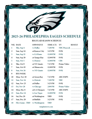 Philadelphia Eagles 2025-26
 Printable Schedule - Central Times