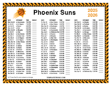Phoenix Suns 2025-26 Printable Schedule - Pacific Times