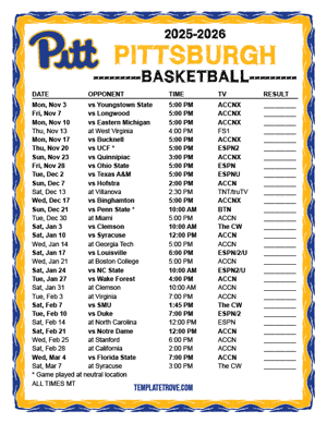Pittsburgh Panthers Basketball 2025-26 Printable Schedule - Mountain Times