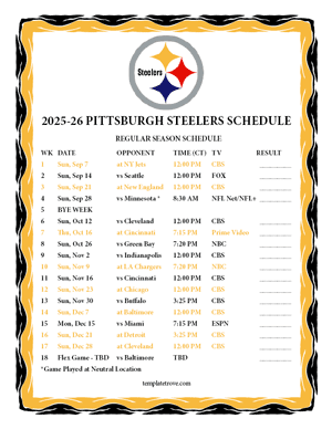 Pittsburgh Steelers 2025-26
 Printable Schedule - Central Times