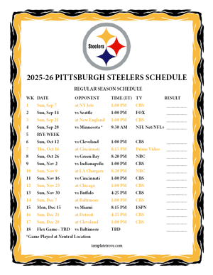 Pittsburgh Steelers 2025-26
 Printable Schedule