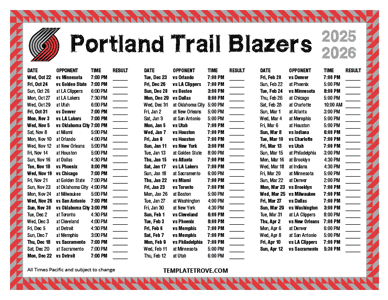 Portland Trail Blazers 2025-26 Printable Schedule - Pacific Times