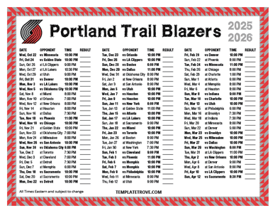 Portland Trail Blazers 2025-26 Printable Schedule
