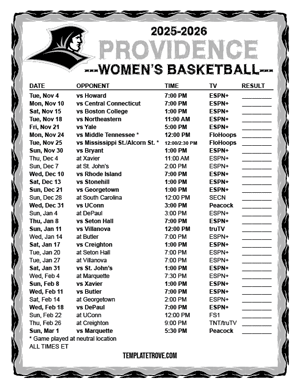 2024-25 Printable Providence Friars Women's Basketball Schedule