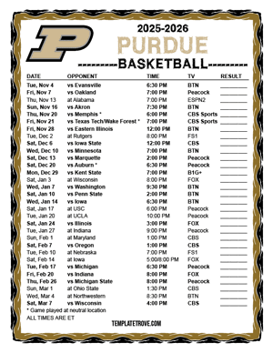 2024-25 Printable Purdue Boilermakers Basketball Schedule