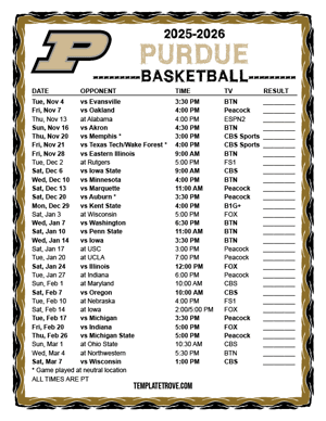 Purdue Boilermakers Basketball 2025-26 Printable Schedule - Pacific Times